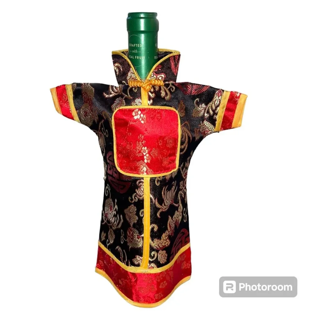 Chinese Asian Kimono Wine Bottle Covers Set of 3 Oriental Dress Brocade Decor